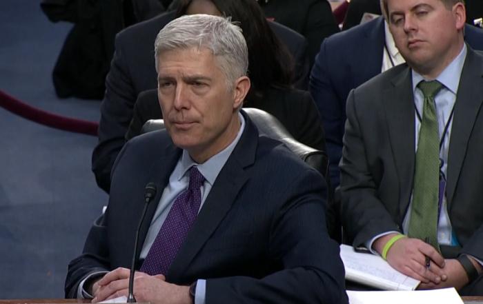 Tenth Circuit Judge Neil Gorsuch testifying before the Senate Judiciary Committee on Tuesday, March 21, 2017. If confirmed, Judge Gorsuch would fill the United States Supreme Court seat made vacant by the death of Justice Antonin Scalia.