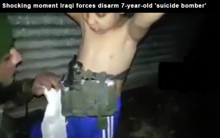Seven-year-old boy strapped with a bomb was found by Iraqi army soldiers among the crowd of Iraqis escaping Mosul.
