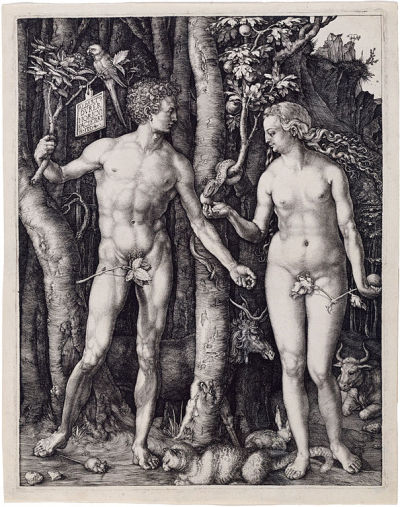 Adam and Eve standing beside the tree of knowledge with the serpent.