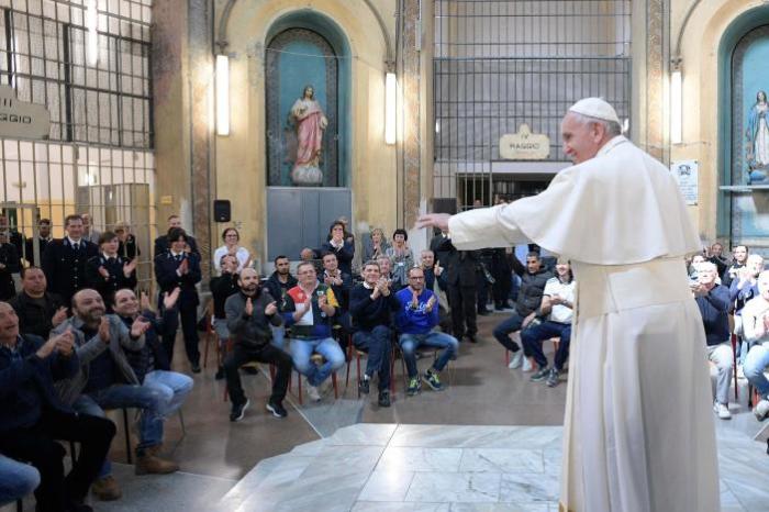 Pope Francis meets with inmates at the San Vittore Prison in Milan, Italy, March 25, 2017.