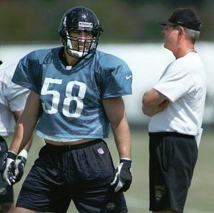 Jacksonville Jaguars linebacker Bryan Schwartz (L) stands next to former Jaguars head coach and the team's current executive vice president, Tom Coughlin (R), in this undated picture.