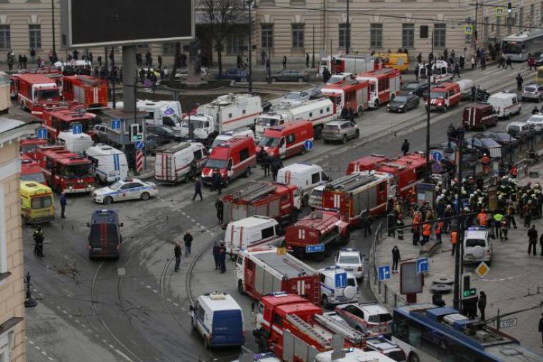 General view of emergency services attending the scene outside Sennaya Ploshchad metro station, following explosions in two train carriages in St. Petersburg, Russia April 3, 2017.