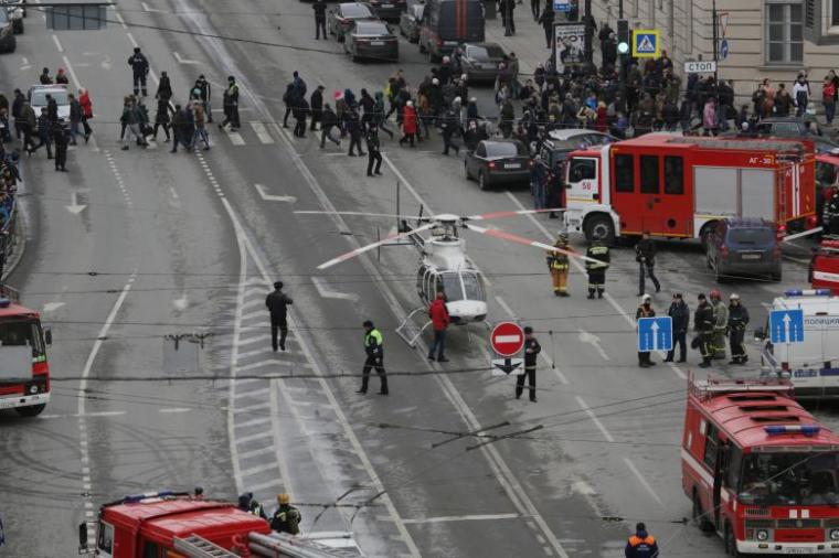 General view of emergency services attending the scene outside Sennaya Ploshchad metro station in St. Petersburg, Russia, April 3, 2017.