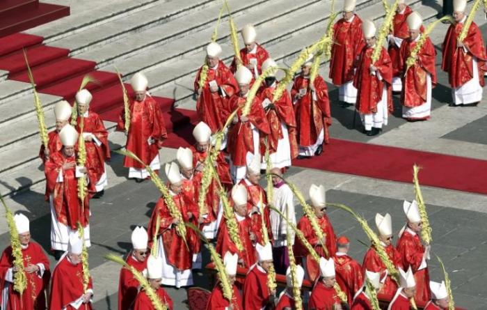 Cardinals hold palm branches at the start of the Palm Sunday mass led by Pope Francis at Saint Peter's Square at the Vatican, March 20, 2016.