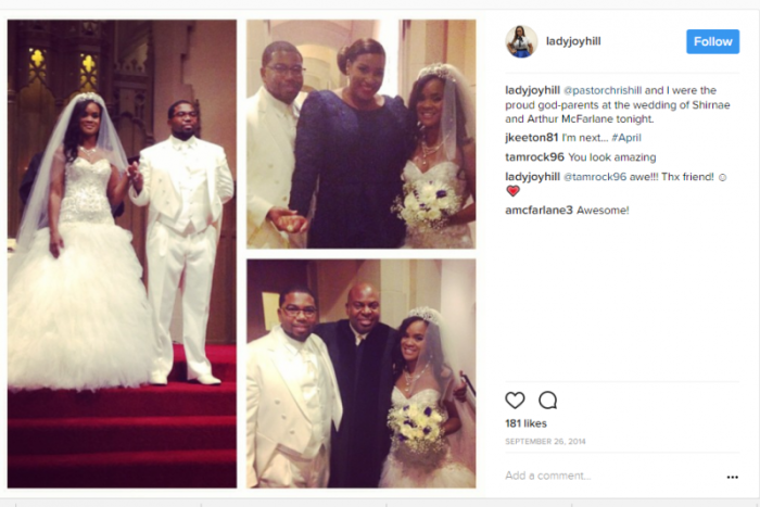 Potter's House Denver Pastor Chris Hill (at center in bottom right photo) poses with his god-daughter Shirnae and her husband Arthur McFarlane III on their wedding day September 26, 2014. Hill's wife Joy (at center in top right photo) recently alleged that he has been engaged in a months long affair with Shirnae.