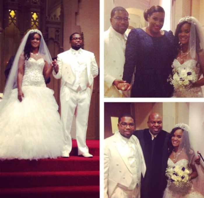 Potter's House Denver Pastor Chris Hill (at center in bottom right photo) poses with his god-daughter Shirnae and her husband Arthur McFarlane III on their wedding day September 26, 2014. Hill's wife Joy (at center in top right photo) recently alleged that he has been engaged in a months long affair with Shirnae.