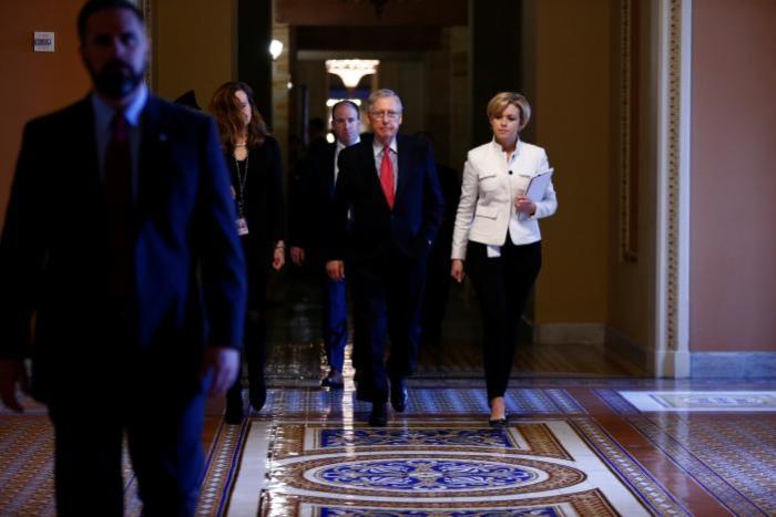 U.S. Senate Majority Leader Mitch McConnell walks to the Senate Chamber on Capitol Hill in Washington, U.S., April 6, 2017.