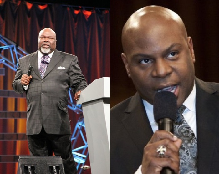 Bishop T.D. Jakes of the Potter's House in Dallas, Texas (R) and his protege, Pastor Chris Hill of the Potter's House of Denver in Colorado.