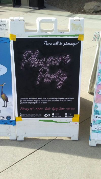 A sign on the campus of California State University San Marcos advertising a 'Pleasure Party' for February 16, 2017.
