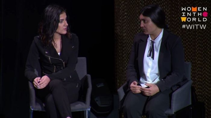 Iraqi activist Feryal Pirali (L) and escaped Islamic State sex slaved Shireen Ibrahim (R) speak during the annual Women in the World conference in New York City on April 7, 2017.