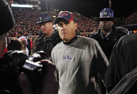 Ole Miss Rebels head coach Hugh Freeze reacts after the game against the Auburn Tigers at Vaught-Hemingway Stadium on Nov 1, 2014 in Oxford, Mississippi.