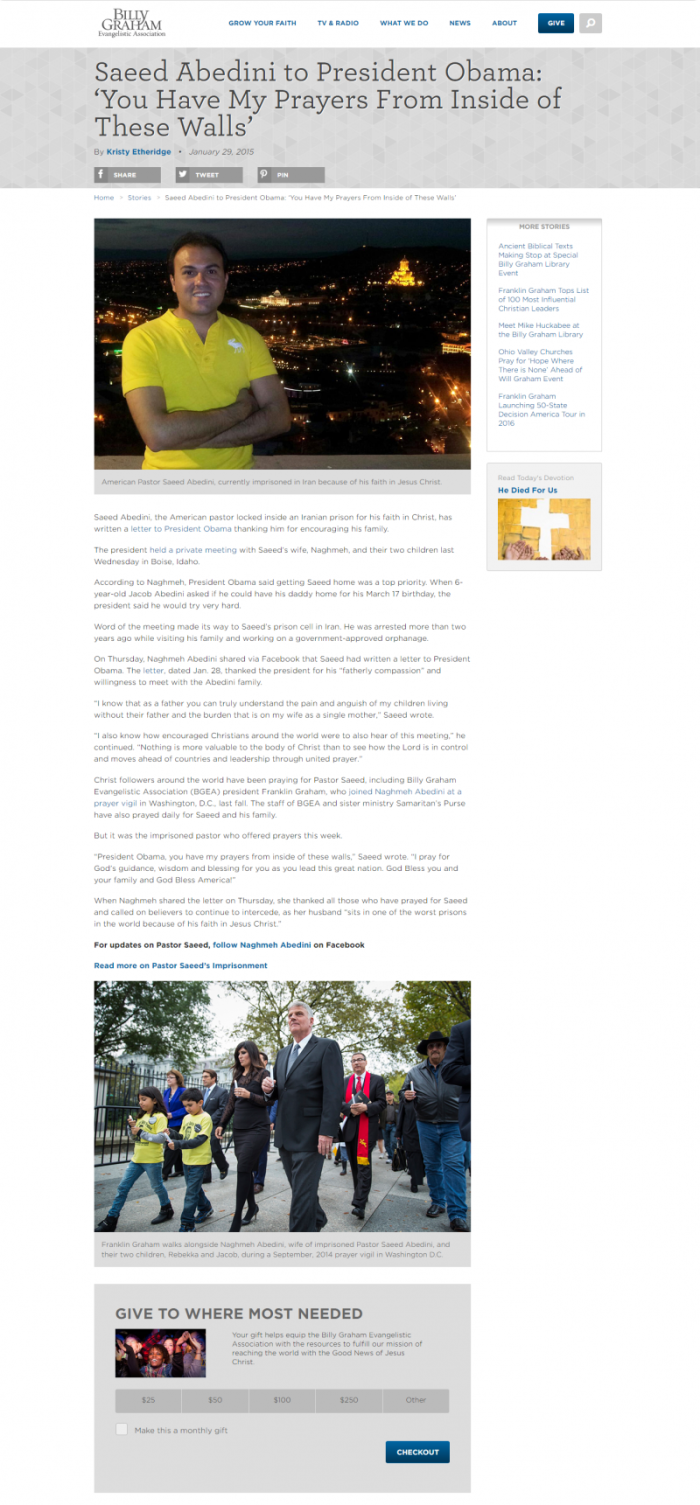 A screen shot of a cached page that has been scrubbed from the Billy Graham Evangelistic Association's website show a fundraising appeal using Saeed Abedini's story in 2015, a year before he was released from prison in January 2016.