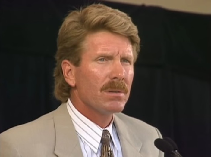 Major League Baseball hall-of-famer Mike Schmidt gives a speech after being inducted in the the National Baseball Hall of Fame in Cooperstown, New York in the summer of 1995.