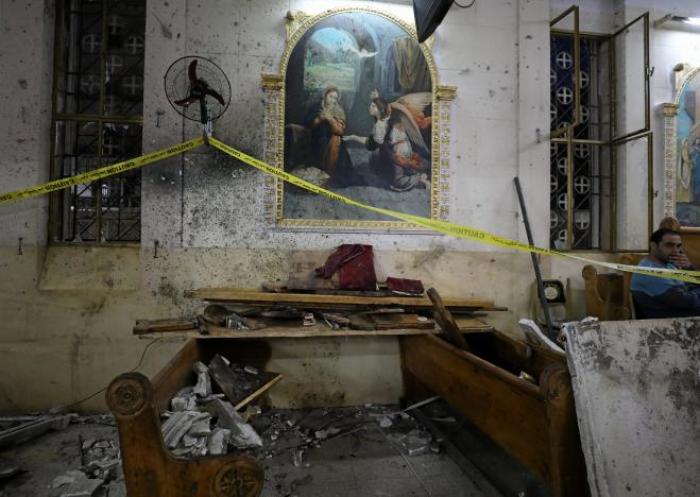 The aftermath of an explosion that took place at a Coptic church on Sunday in Tanta, Egypt, April 9, 2017.