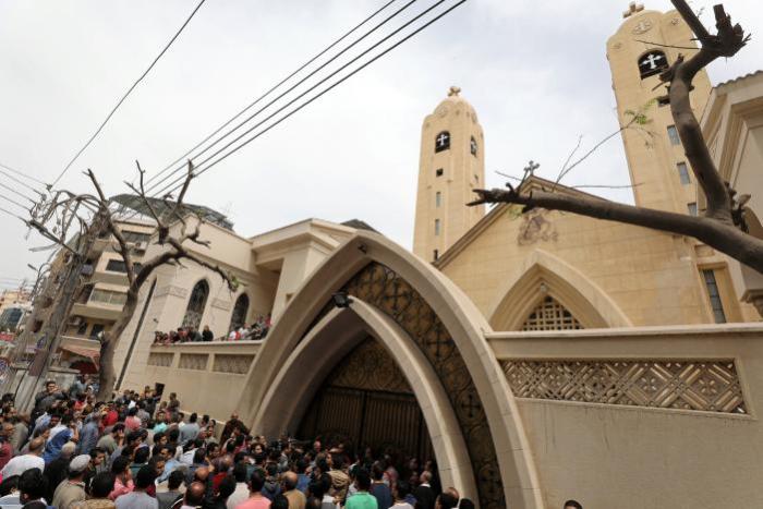 Egyptians gather in front of a Coptic church that was bombed on Sunday in Tanta, Egypt, April 9, 2017.