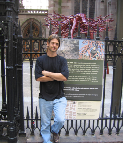 Artist Steve Tobin and his 'Trinity Root' piece, located at Trinity Church in New York City.