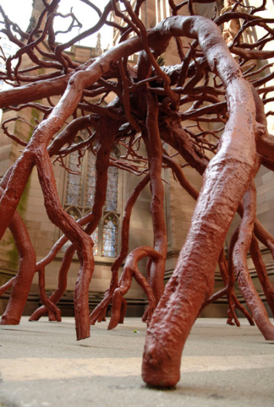 The Trinity Root sculpture, created by Steve Tobin. At one point, the art piece was located at Trinity Church in New York City.