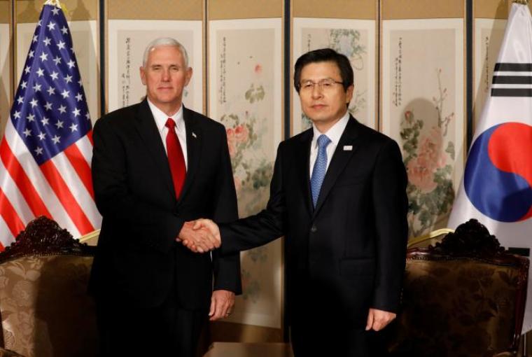 U.S. Vice President Mike Pence shakes hands with acting South Korean President and Prime Minister Hwang Kyo-ahn during their meeting in Seoul, South Korea, April 17, 2017.