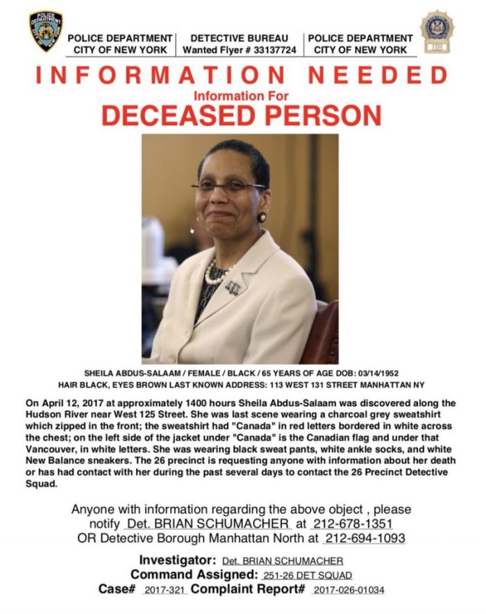 An NYPD flyer seeking information on the late Sheila Abdus-Salaam.
