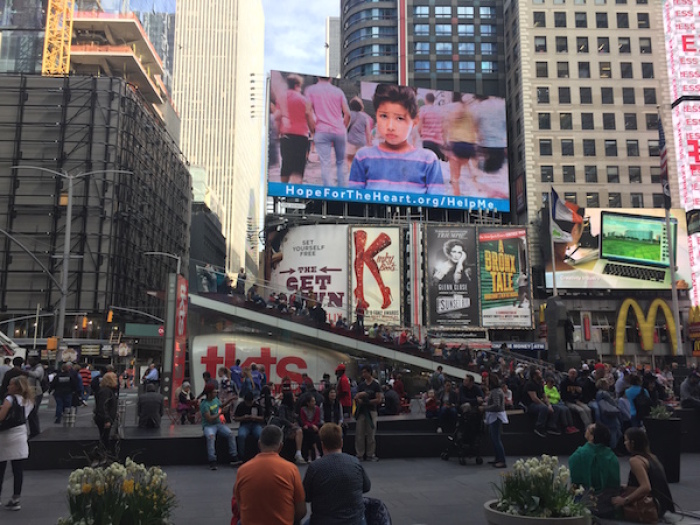 Times Square Billboard helps reach victims of sexual abuse, New York, April 18, 2017.