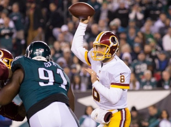 Washington Redskins quarterback Kirk Cousins (8) passes against the Philadelphia Eagles during the first quarter at Lincoln Financial Field, Dec. 26, 2015.