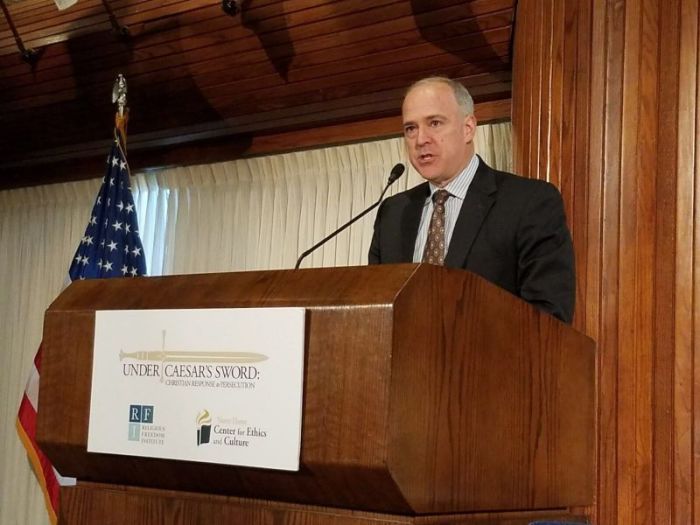 Daniel Philpott of University of Notre Dame, speaks at the Under Caesar's Sword symposium at the National Press Club in Washington, D.C. on April 20, 2017.