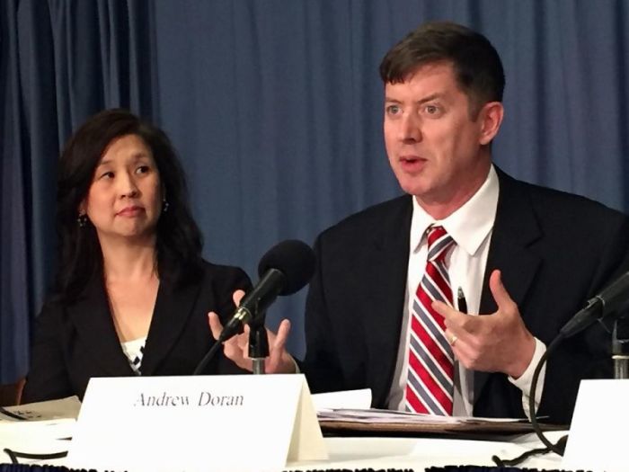 In Defense of Christians Vice President Andrew Doran (R), flanked by former State Department employee and co-founder of Kids World USA Emilie Kao (L), speaks during a panel discussion at the National Press Club in Washington, D.C. on April 19, 2017.