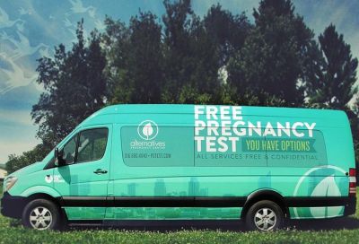 One of the Save the Storks buses that offer free and confidential pregnancy test and other services.
