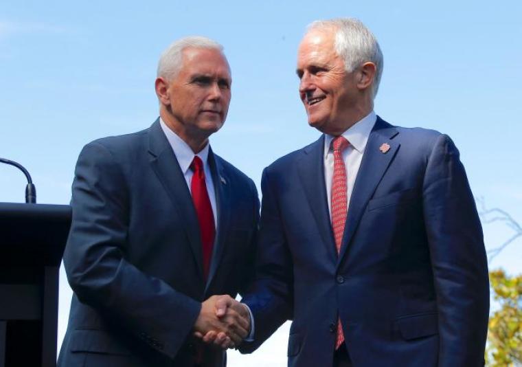 U.S. Vice President Mike Pence (L) shakes hands with Australia's Prime Minister Malcolm Turnbull after a media conference at Admiralty House in Sydney, Australia, April 22, 2017.