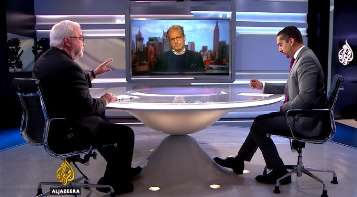 Jim Wallis (L) and Eric Metaxas (R) speak during a segment on 'UpFront' with Mehdi Hasan on Al Jazeera English on April 22, 2017.