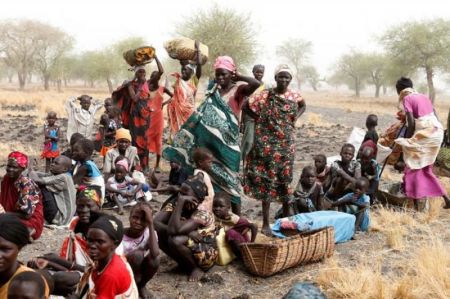 Women and children wait to be treated at a Medecins Sans Frontieres support clinic in Thaker, Southern Unity, South Sudan.