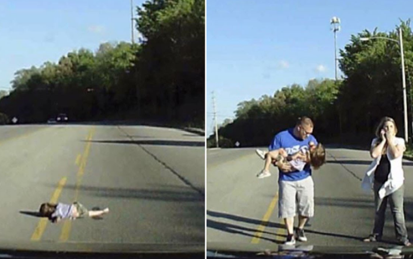 Emily Rose Turner, 4 (L), lays unconscious after falling from a church bus in Harrison Arkansas on April 21, 2017. Volunteer firefighter Ray Campioli (R) is shown rescuing her along with his companion.