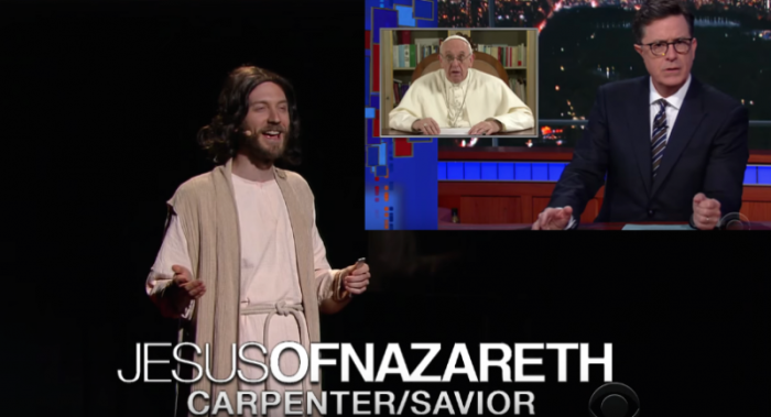 Jesus One-Ups Pope Francis With A TED Talk Of His Own on Stephen Colbert's 'Late Show,' April 28, 2017.