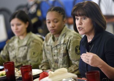 Karen Pence (right), wife of Vice President Mike Pence (not pictured), speaks with military women during a luncheon at Fort Meade's Freedom Inn in Maryland on March 20, 2017.