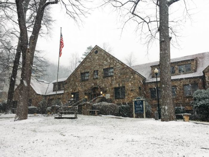 Snow falls outside Gaither Hall at Montreat College in Montreat, North Carolina on Jan. 6, 2017.