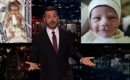Jimmy Kimmel revealed on Monday that his newborn son was born with severe heart defects which required emergency surgery. On his left is a picture of his son William "Billy" Kimmel the day he did surgery on Monday April 24, 2017. On his right is a picture of William on Sunday April 30, 2017.