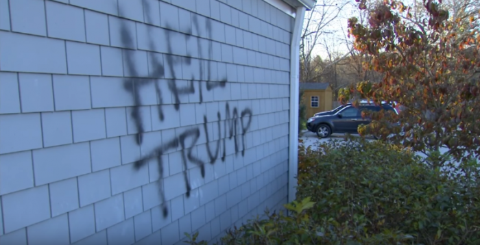 Graffiti including the statement 'Heil Trump' was spray-painted on the walls of St. David's Episcopal Church in Bean Blossom, Indiana days after the 2016 presidential election. In May 2017, however, it was revealed that the graffiti was not done by a Trump supporter but rather the church's organist, who did it as a way to rally anti-Trump supporters.