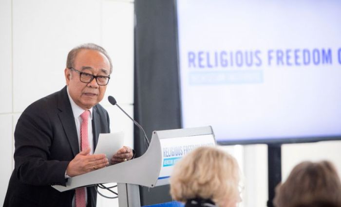 Jakob Tobing, president of Leimena Institute and Indonesia's former ambassador to South Korea, speaks at the roundtable discussion 'Indonesia: A model for the Muslim world' hosted by the Religious Freedom & Business Foundation at the Newseum in Washington, D.C., on Thursday, April 27, 2017.