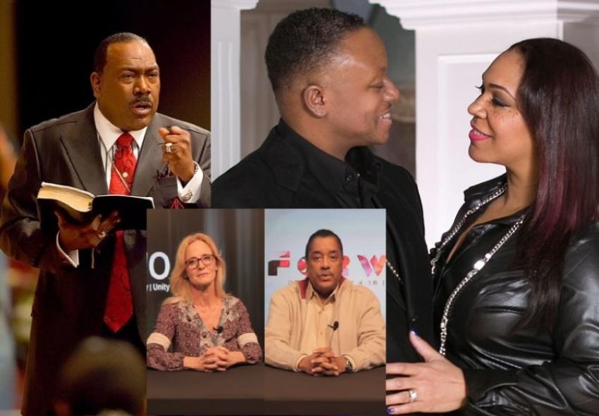 Bishop I.V. Hilliard, senior pastor of New Light Christian Center Church in Houston, Texas (L). Charisse Gibert, and her late husband Pastor Benjamin Gibert (R) of the 5,500-member Detroit World Outreach Christian Center. Inset photo shows DWO elders (from L-R) Pastor Gael Wallace and Elder Marvin Wilder.