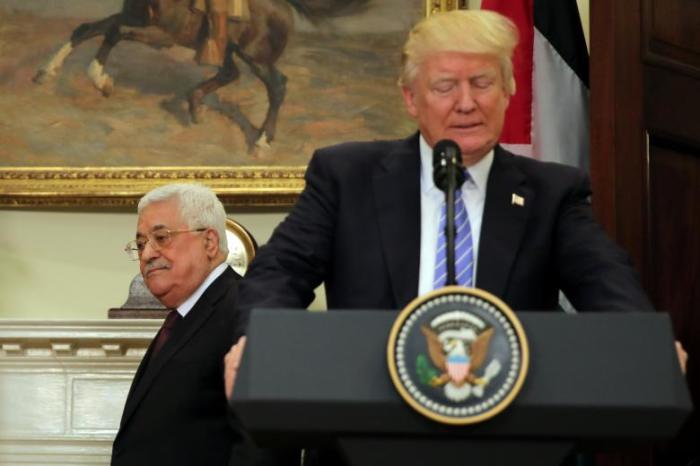 U.S. President Donald Trump and Palestinian President Mahmoud Abbas arrive to deliver a statement at the White House in Washington D.C., U.S., May 3, 2017.