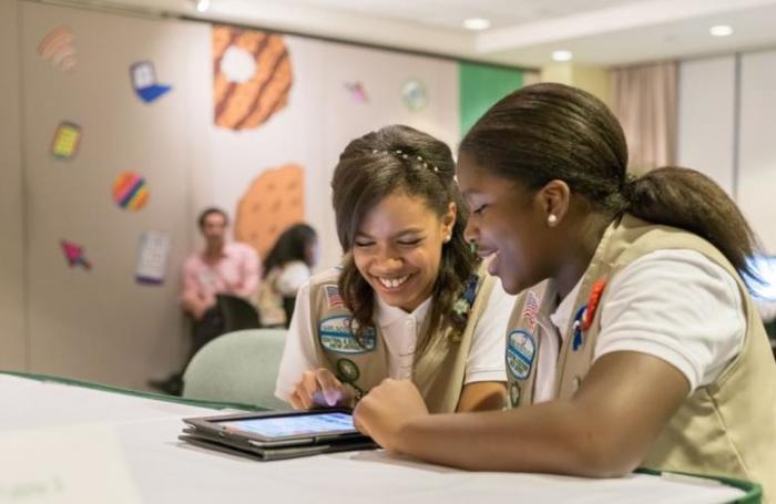 Girl Scouts practice placing orders using Digital Cookie, a new addition to the Girl Scout Cookie Program. in this undated handout picture.