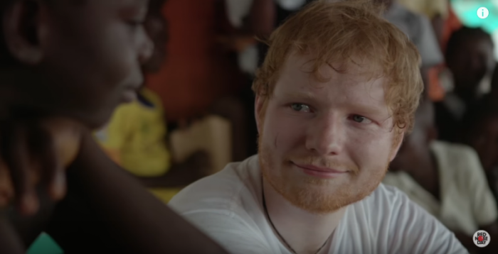 Musician Ed Sheeran seen in Liberia visiting a girl named Peaches in a video posted on YouTube on April 21, 2017.