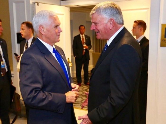Franklin Graham, president and CEO of the Billy Graham Evangelistic Association (R) and Vice President Mike Pence (L) at The World Summit in Defense of Persecuted Christians in Washington D.C. on May 11, 2017.
