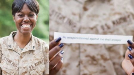 Former Lance Cpl. Monifa Sterling and the scripture Isaiah 54:17, 