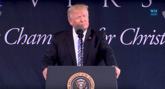 President Donald Trump delivering the commencement address at Liberty University in Lynchburg, Virginia, May 13, 2017.