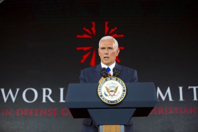 During the World Summit in Defense of Persecuted Christians, Vice President Mike Pence tells the hundreds in attendance that protecting and promoting religious freedom is a foreign policy priority for the administration, Washington D.C. May 11, 2017.