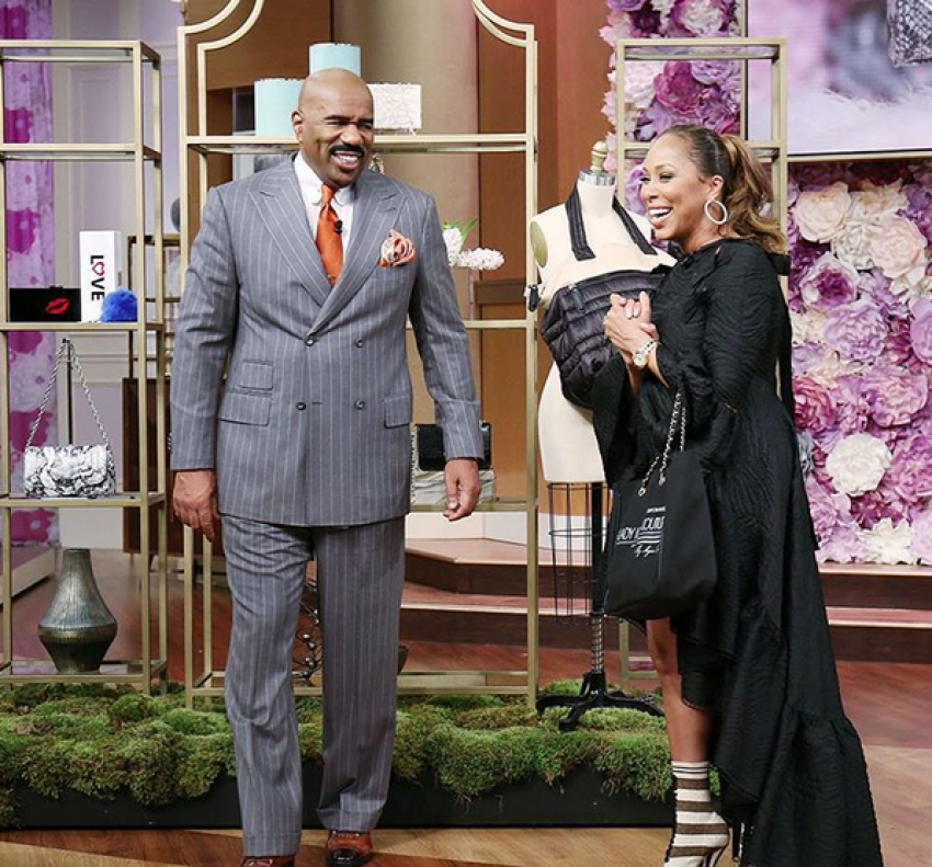 Steve Harvey is pictured with his wife Marjorie Harvey on the set of his daytime talk show "Steve Harvey."