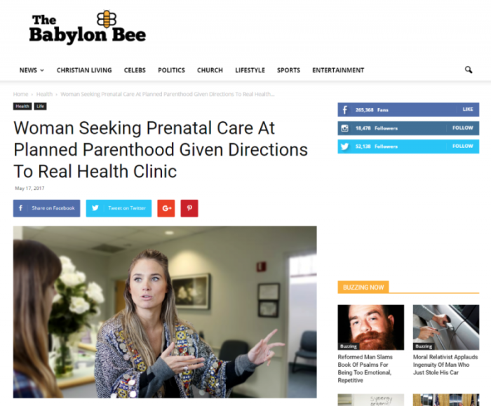 The Babylon Bee, babylonbee.com, satirizes Planned Parenthood in May 17, 2017 article.