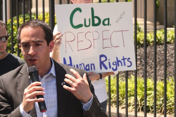 Will Estrada of the Home School Legal Defense Association speaks outside the Embassy of Cuba in Washington, D.C. May 17, 2017.