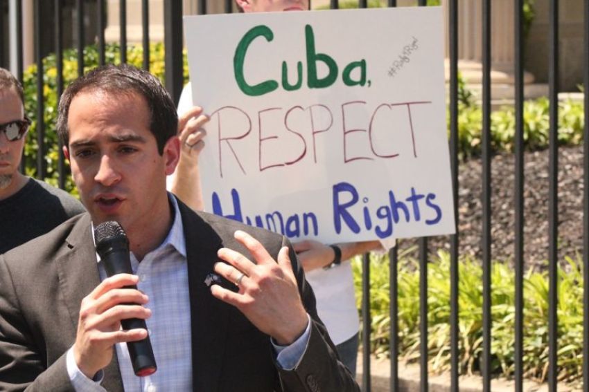 Will Estrada of the Home School Legal Defense Association speaks outside the Embassy of Cuba in Washington, D.C. May 17, 2017.